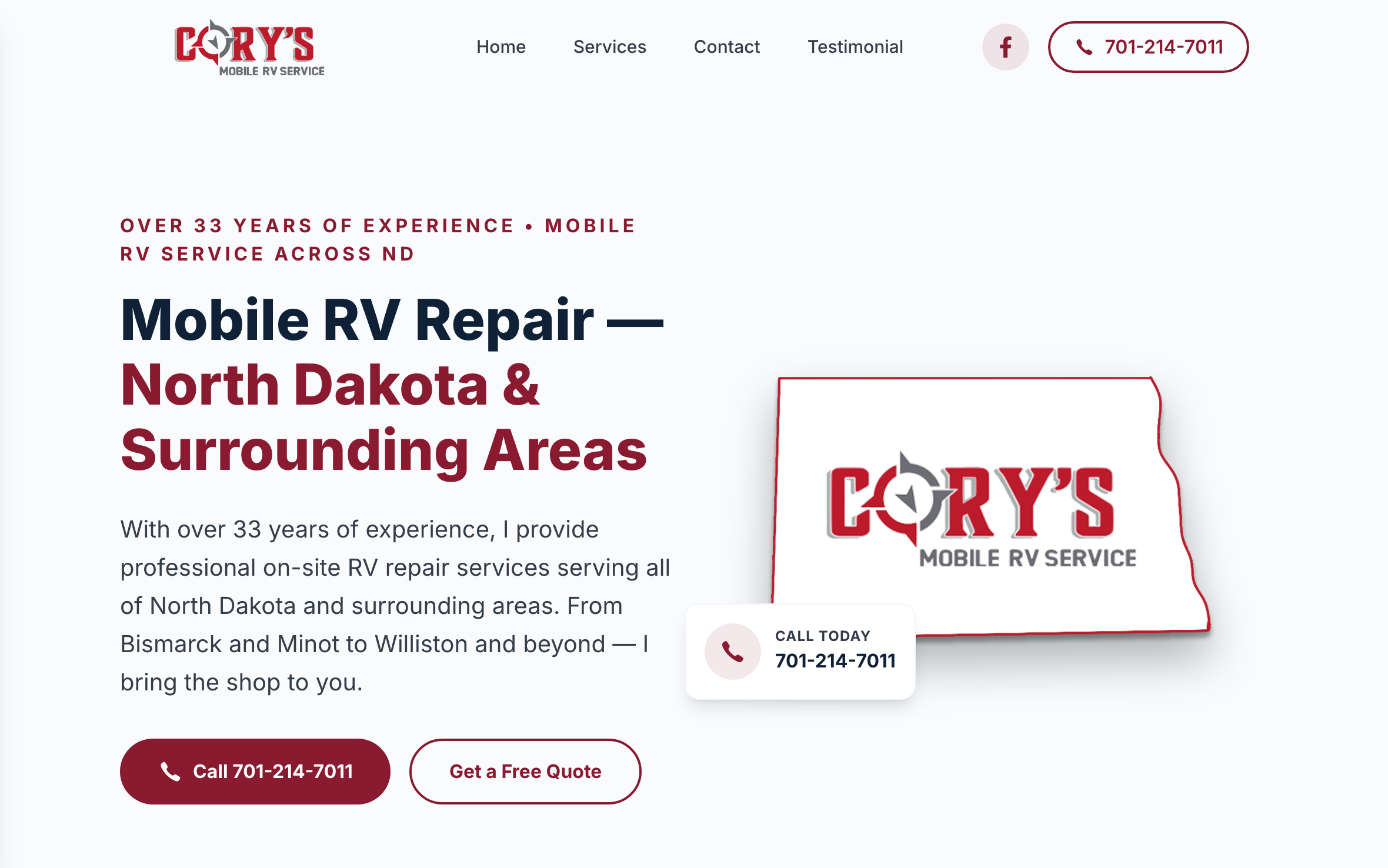 Cory's Mobile RV Service homepage with a North Dakota map and call-to-action