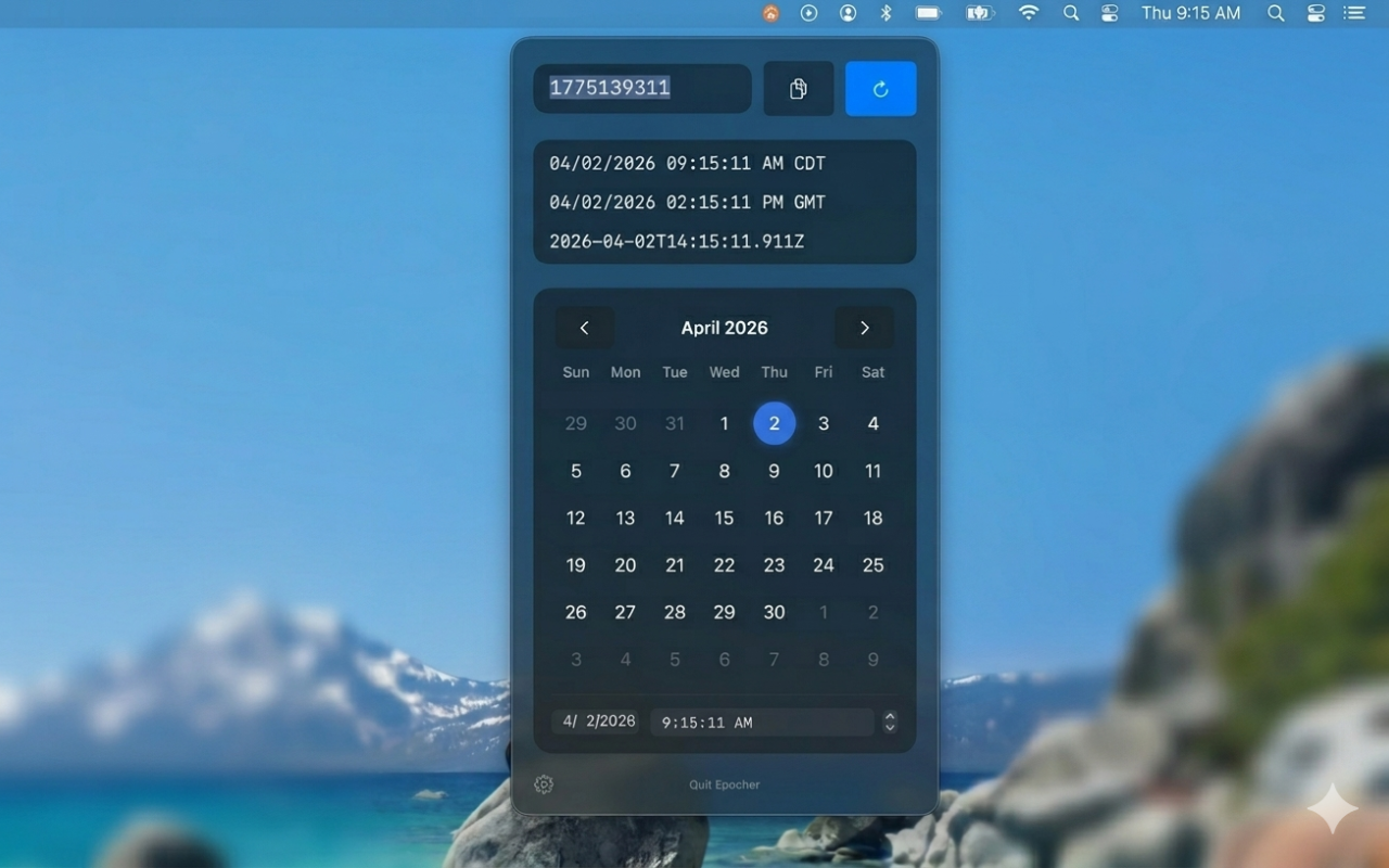 Epocher menu bar app showing a Unix timestamp converter