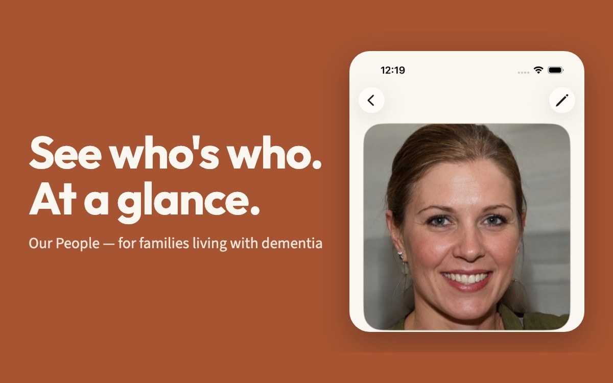 Our People app showing a large photo of a family member with the headline "See who's who. At a glance."