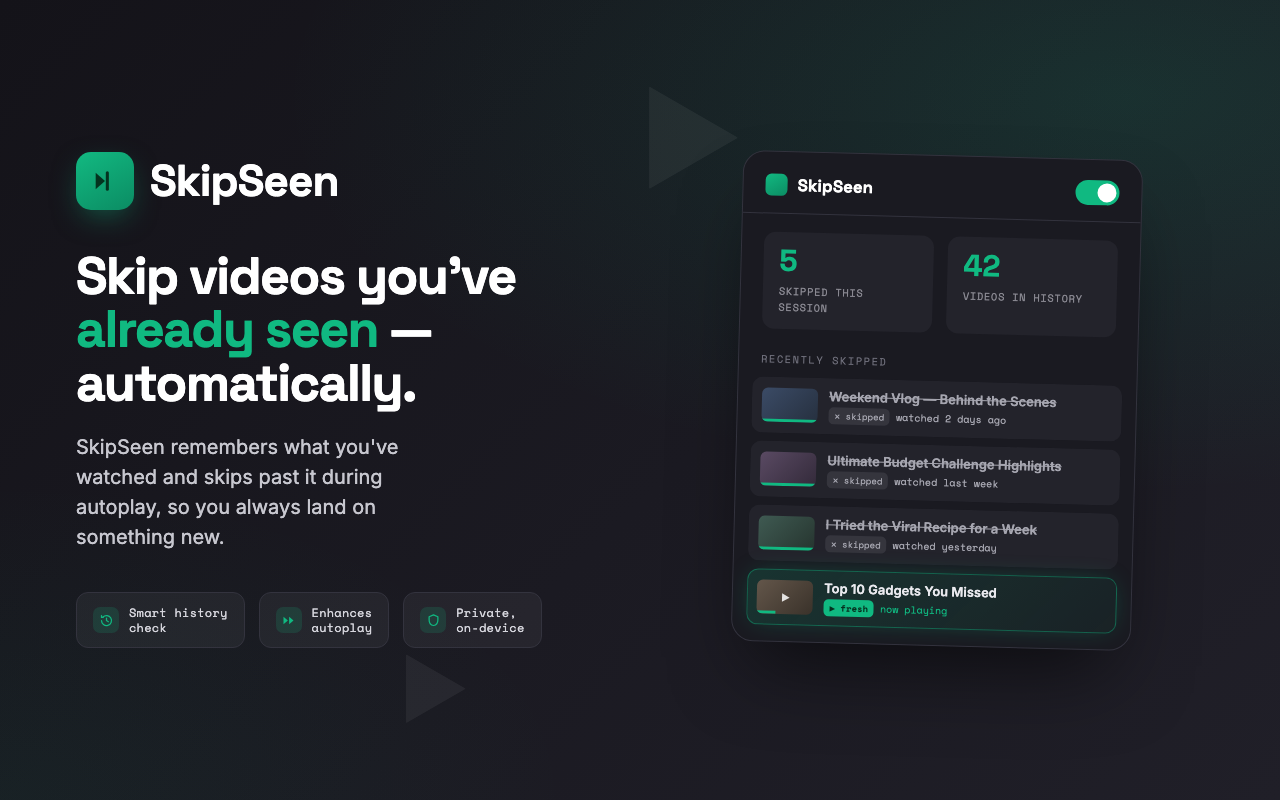 SkipSeen promo showing its popup with skip stats and recently skipped videos